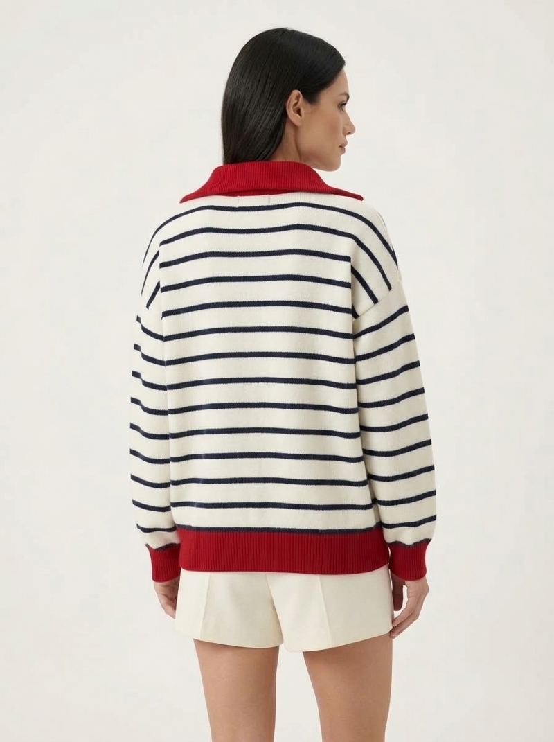 Polo Yaka Fermuarlı Çizgili Triko Sweatshirt Görseli