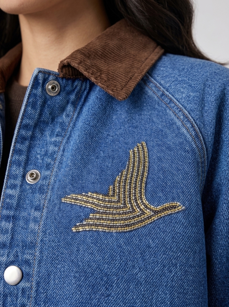 Kadife Yaka Taş İşlemeli Denim Ceket Görseli