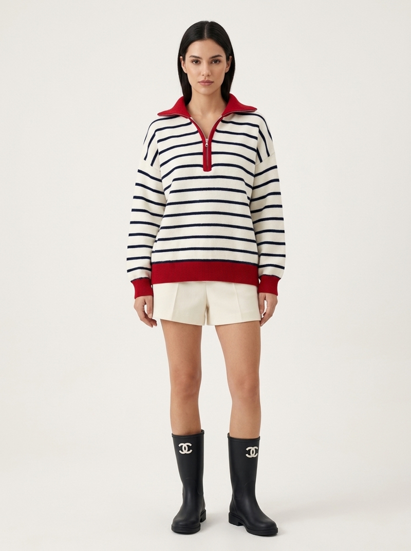 Polo Yaka Fermuarlı Çizgili Triko Sweatshirt Görseli