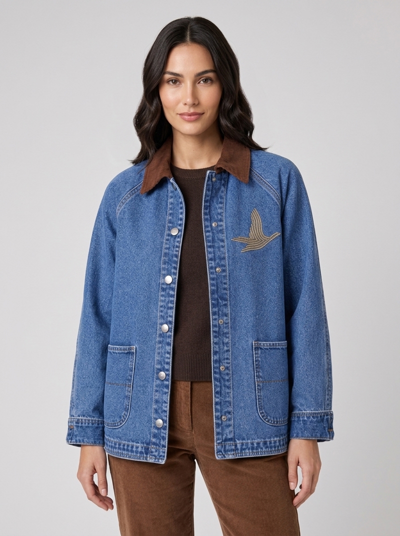 Kadife Yaka Taş İşlemeli Denim Ceket Görseli