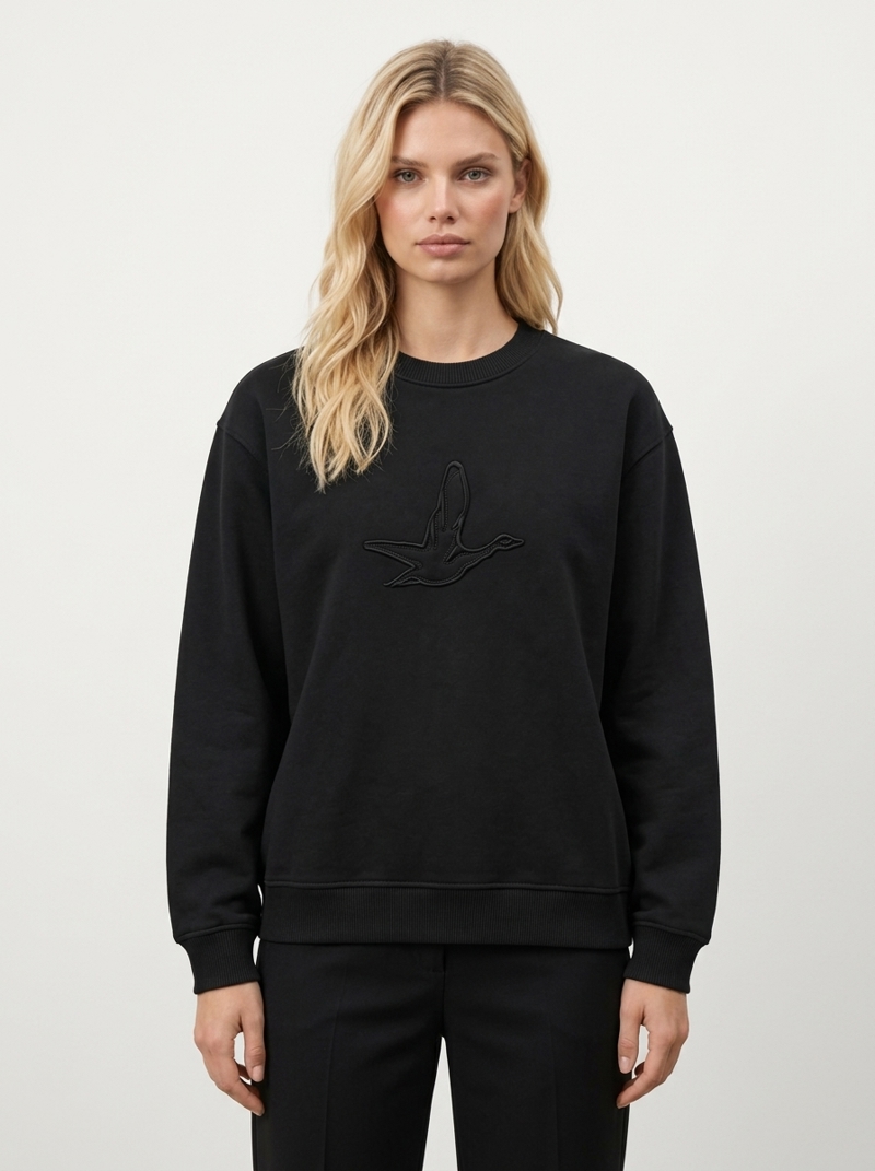 Göğüs Kabartma Kuş Nakışlı Düşük Omuz Bisiklet Yaka Sweatshirt Görseli