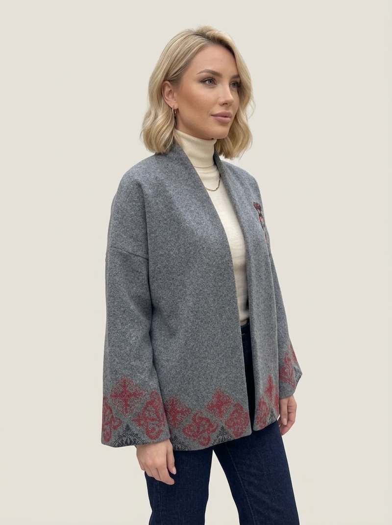 Etnik Nakışlı Dökümlü Melanj Gri Kimono Hırka Görseli