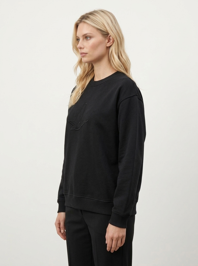 Göğüs Kabartma Kuş Nakışlı Düşük Omuz Bisiklet Yaka Sweatshirt Görseli