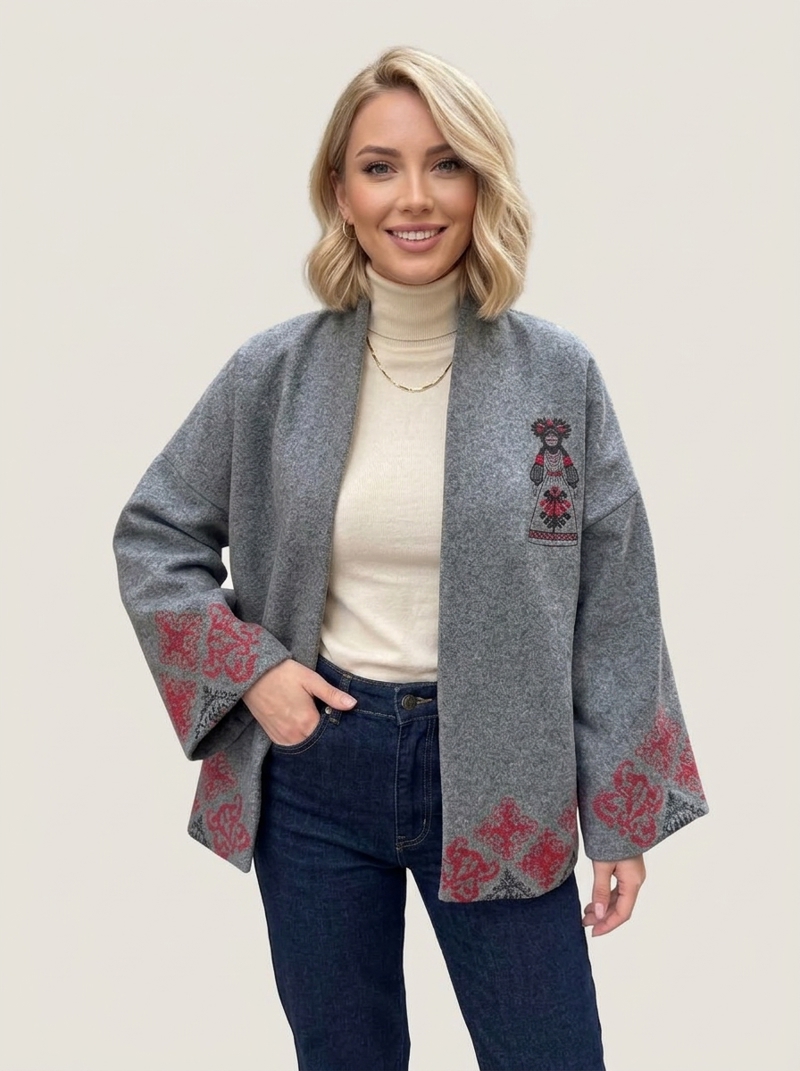 Etnik Nakışlı Dökümlü Melanj Gri Kimono Hırka Görseli