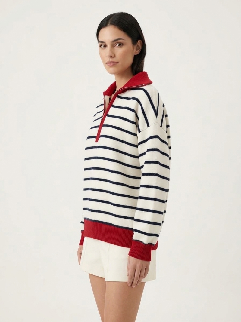 Polo Yaka Fermuarlı Çizgili Triko Sweatshirt Görseli