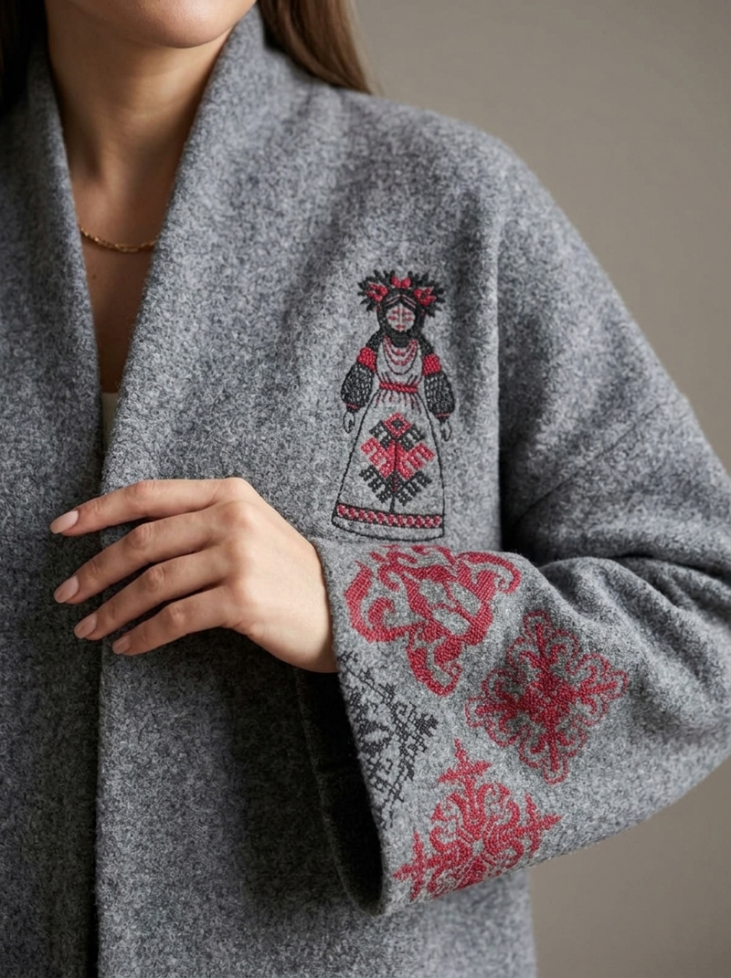 Etnik Nakışlı Dökümlü Melanj Gri Kimono Hırka Görseli