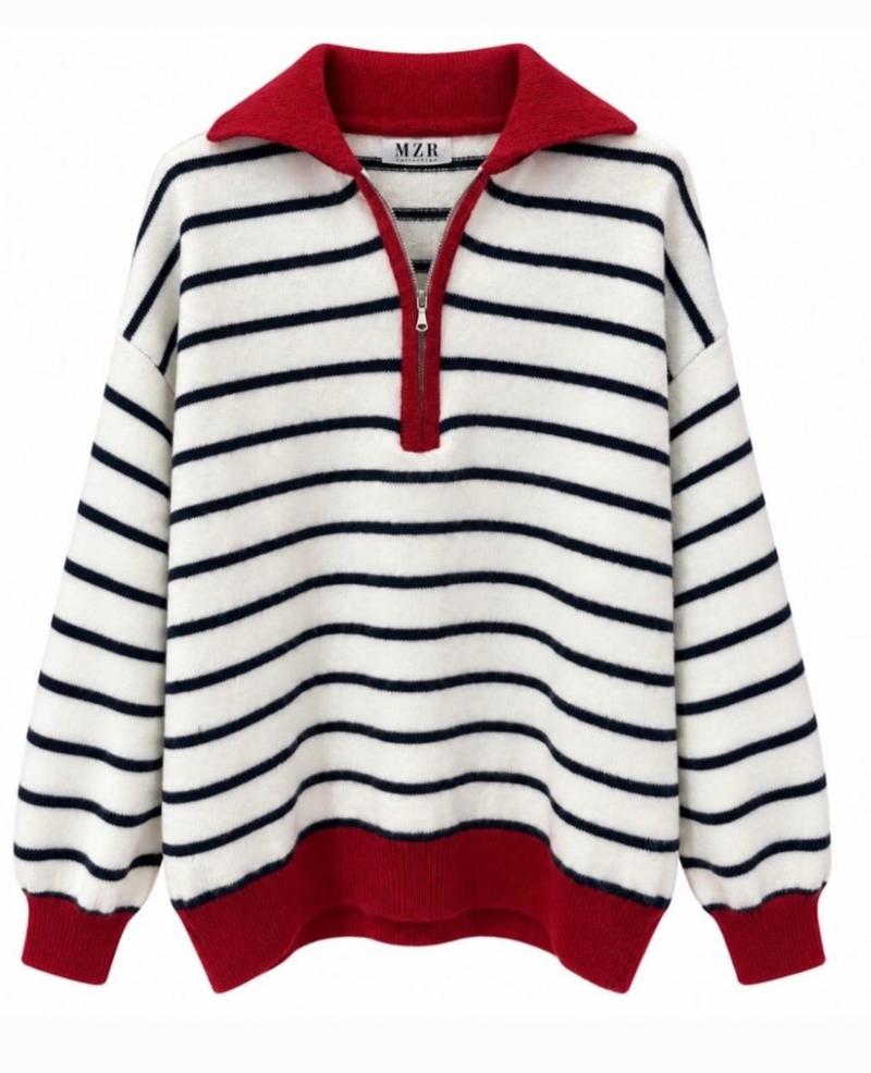 Polo Yaka Fermuarlı Çizgili Triko Sweatshirt Görseli